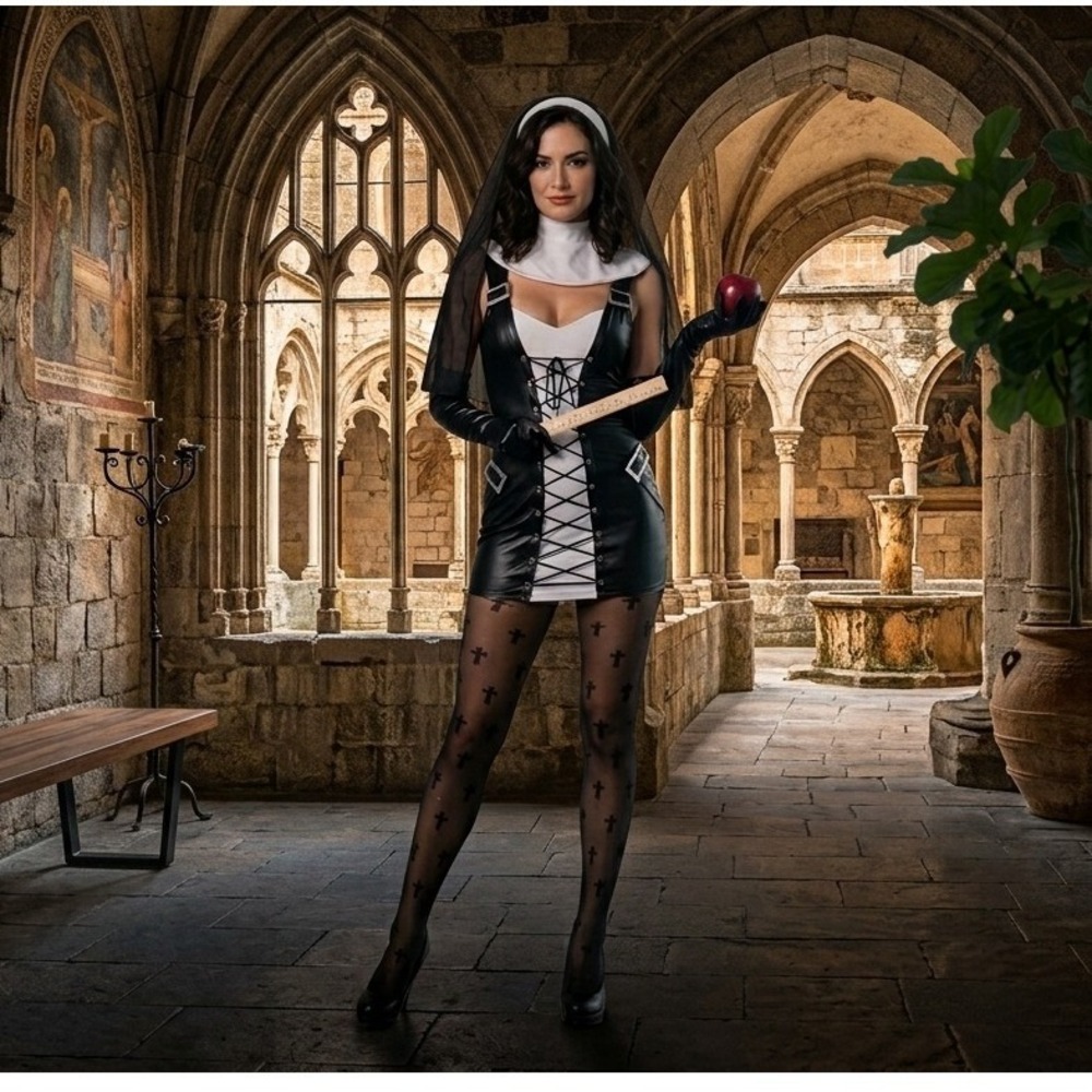 Leg Avenue Naughty Nun 3 Piece Costume Set Black White Lace Up 85609 Size ML